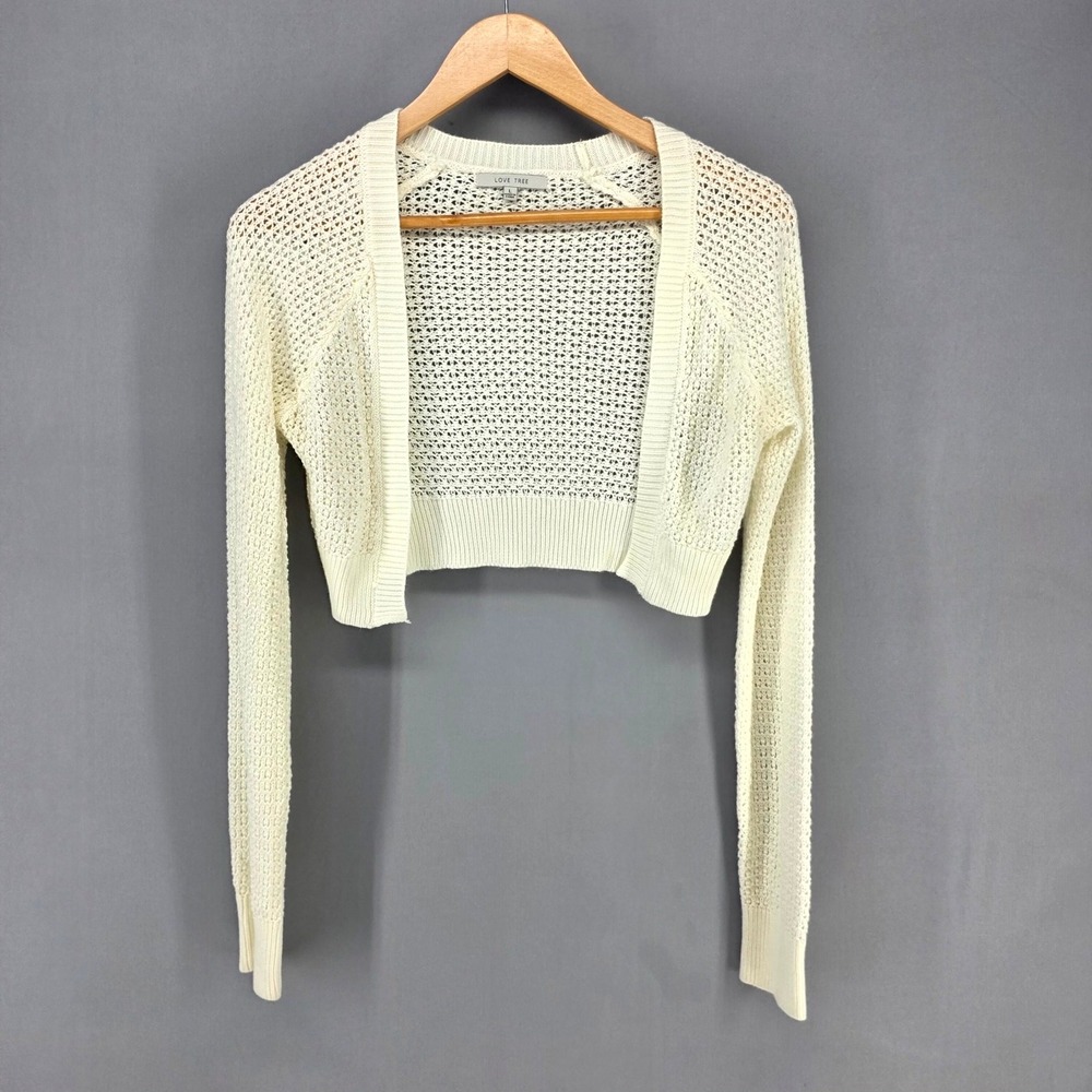 Love Tree Shrug Womens L Cream Crochet Pointelle Cropped Bolero Open Front Knit